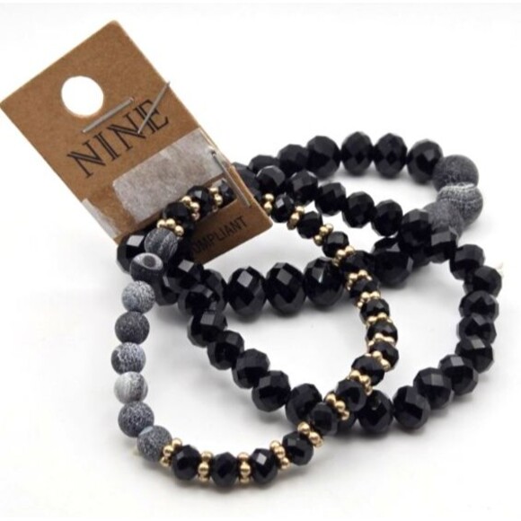 Set of Three New Crackle Black Agate and‎ Faceted Glass Beaded Stretch Bracelets - Picture 1 of 4